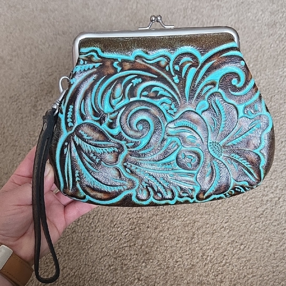 Patricia Nash Turquoise Floral Embossed Wristlet